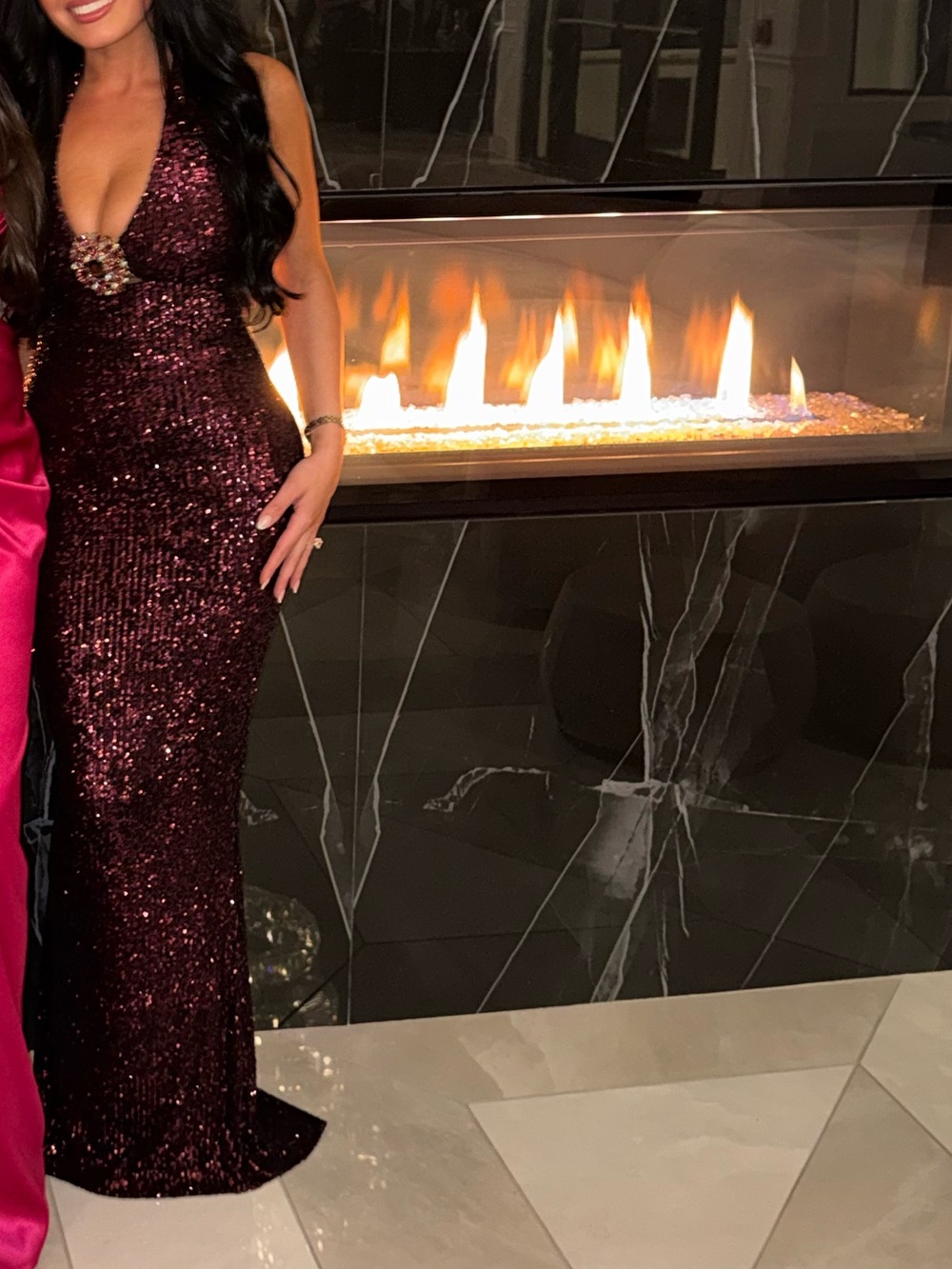 Nookie Sequined Plum Color Halter Evening Gown - XS